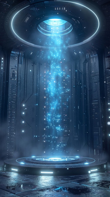 把图片中所有橙色灯光修改为浅蓝色灯光，保留赛博朋克未来科技感传输舱场景，保持整体构图和氛围不变预览效果