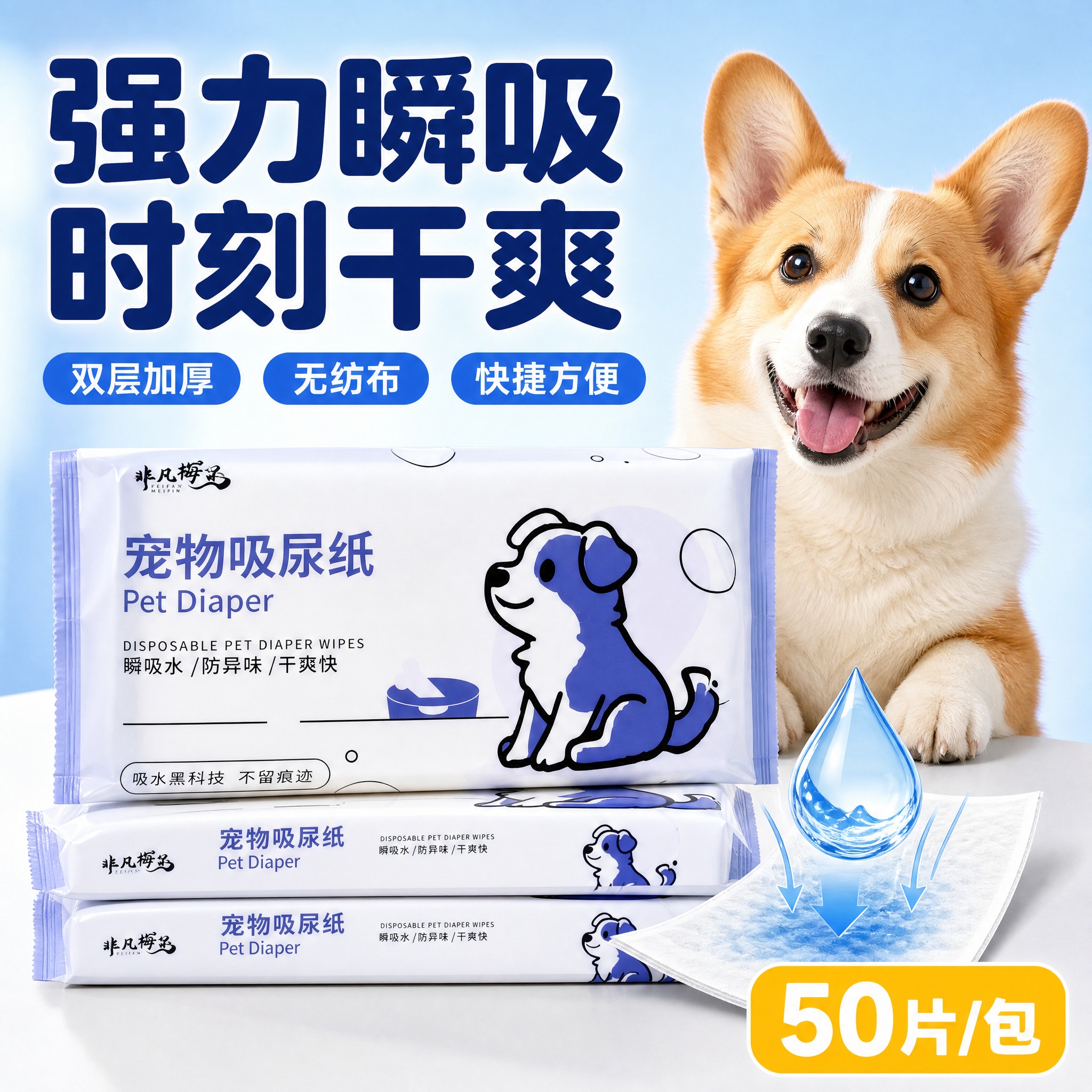 [主图-1] 宠物吸尿纸首图，突出强力瞬吸核心卖点与产品识别，… - 图片创意预览
