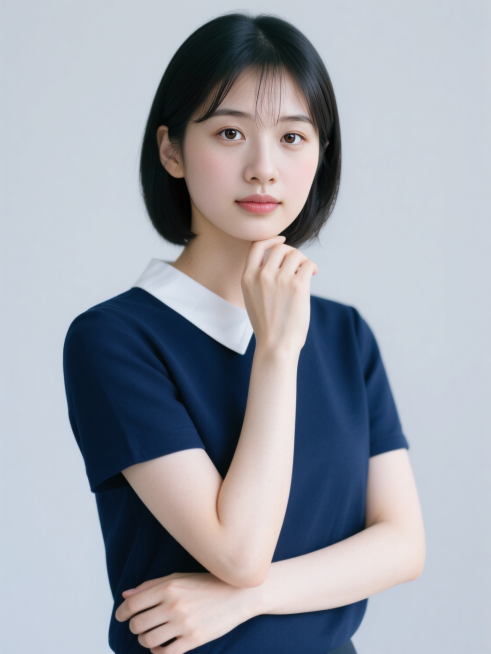 女性讲师职业形象，身穿藏蓝色带白色系带领口的上衣，托下巴动作，另一只手肘自然支撑，正面半身照，纯色背景预览效果