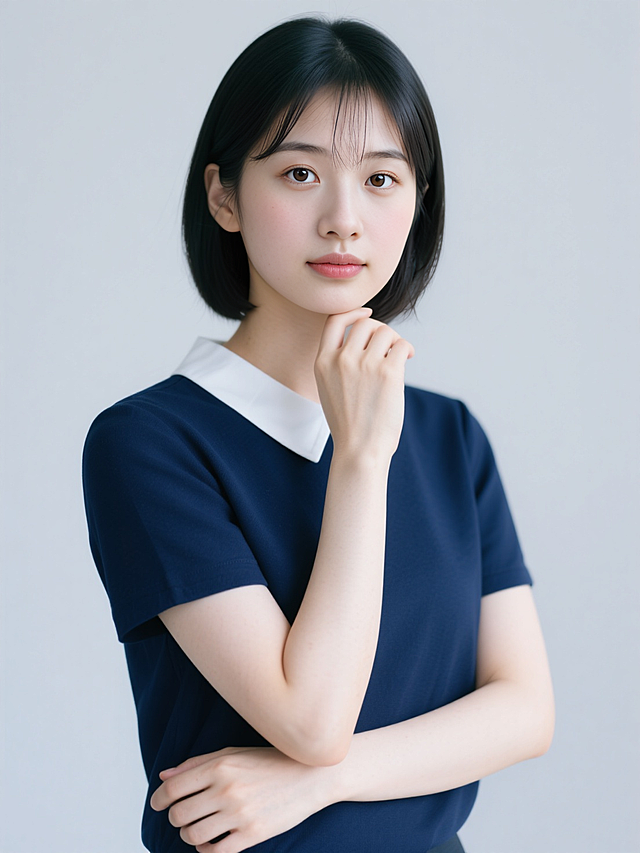 女性讲师职业形象，身穿藏蓝色带白色系带领口的上衣，托下巴动作，另一只手肘自然支撑，正面半身照，纯色背景