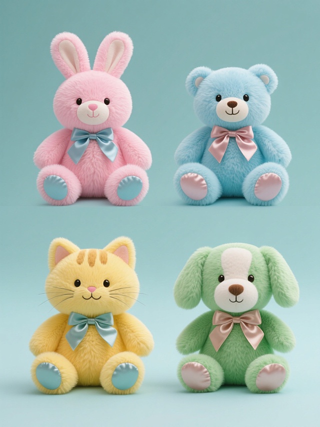 四个不同颜色的毛绒玩具系列，包括粉色兔子、蓝色小熊、黄色猫咪和绿色小狗，每个玩具都有缎面脚掌和蝴蝶结，采用高清写实摄影风格，纯色背景，柔和均匀的光线，清晰的纹理细节，等大整齐排列成两行两列，适合作为儿童产品宣传海报素材