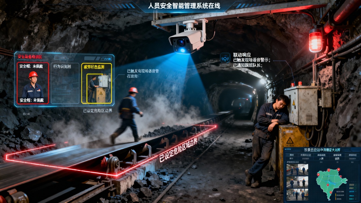 煤矿井下巷道交叉口，环境昏暗，空气中浮动着煤尘。一名矿工未佩戴安全帽，正试图快速穿越运行的皮带机前方区域；另一人倚靠在设备旁，呈疲劳姿态。

一台防爆AI摄像机从顶板支架处进行监控，镜头发出一道柔和的预览效果