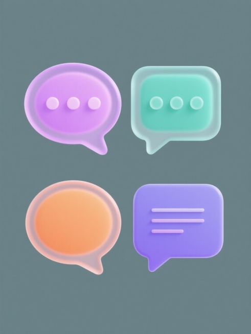 3D渲染的简洁矢量风格4个规整排布对话框元素，采用纯色背景，每个对话框具圆润边角与微妙立体阴影，呈半透明光滑质感，造型样式各异，分别为不同形状、对应粉紫、青绿、橙、蓝紫等色调且有横线、圆点、空白内部线条设计，底部带小三角指向箭头，视觉清新明快适配UI或社交应用消息提示。预览效果
