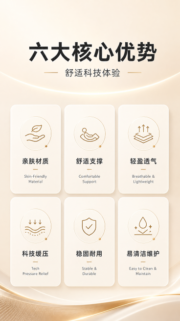 设计风格极简圆润、亲肤哑光质感、流线型无压迫感；主色调米白/奶白、深灰/炭黑，辅助色浅棕+暖金渐变；整体年轻时尚、科技简约风。顶部居中放置加粗主文案"六大核心优势"，紧随其下放置副文案"舒适科技体验"预览效果