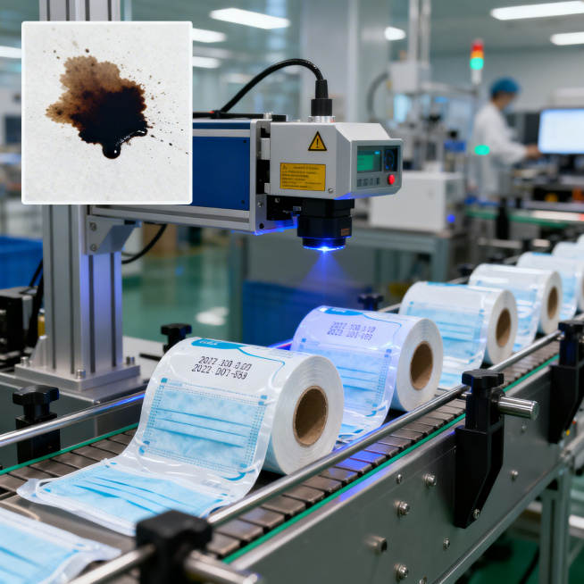 In a modern and clean factory, a fiber laser marking machine is operating on the production line of预览效果