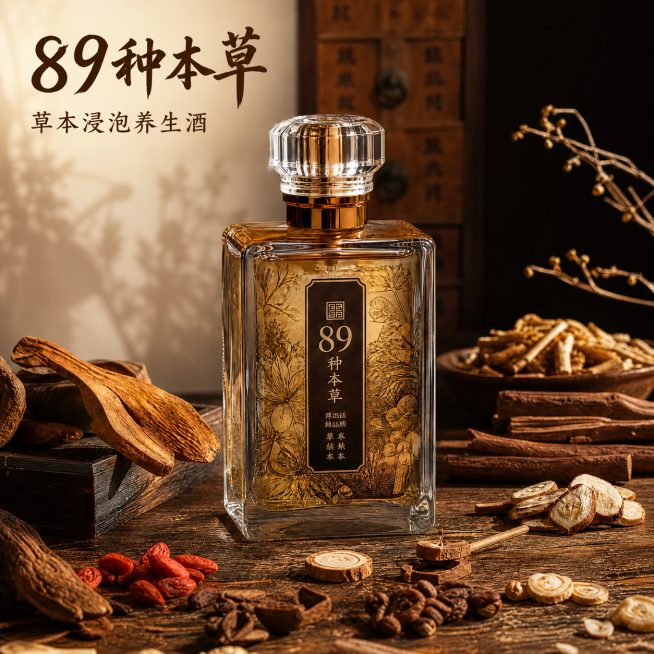 [主图-1] 古法草本浸泡酒产品首图展示。[氛围风格] 国风传统天然养生风格，沉稳自然质感。[画质] 商业摄影质感，光线柔和通透，产品清晰真实，画面干净高级。[元素] 方形玻璃酒瓶居中展示，瓶身带有草预览效果