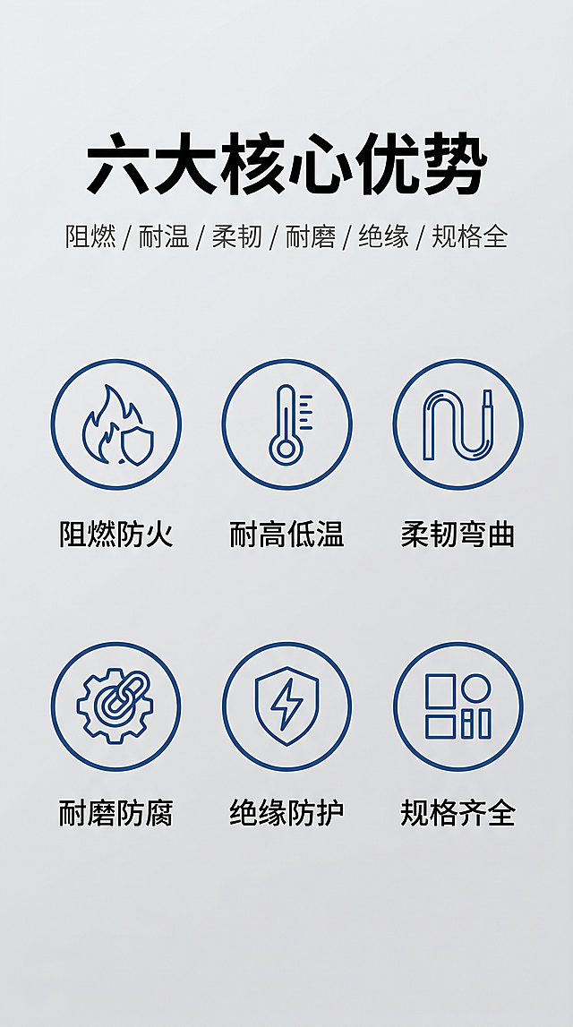 整体工业专业简约风，主色调黑色、深蓝色、浅灰色，实拍级质感，光影均匀自然，无多余元素。第二屏，主文案"六大核心优势"居中放大，字体粗黑；副文案"阻燃 / 耐温 / 柔韧 / 耐磨 / 绝缘 / 规格全"在主文案下方，字体纤细，颜色浅一度。画面横向均匀分布6个蓝色圆形简易图标模块，分别对应阻燃防火、耐高低温、柔韧弯曲、耐磨防腐、绝缘防护、规格齐全，图标搭配极简线条图案，6个优势文案在图标下方居中排列，字体清晰易读，背景为浅灰色工业风底色，整体构图规整对称。高清，图标线条清晰锐利，色彩均匀，无模糊噪点，画面干净整洁，信息层级清晰