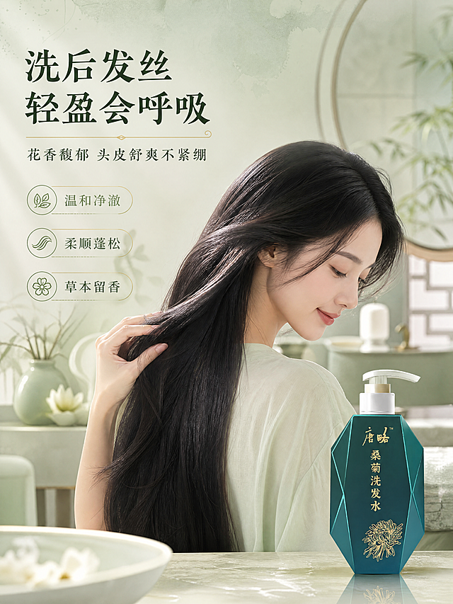 [商品] 使用【图1】唐略桑菊洗发水，墨绿色多面切割瓶身+白色泵头+金色菊花图案+金色书法字体，保留瓶身所有文字、图案、颜色、材质、结构和比例，产品完全不变。产品放置在画面右下角或底部，与人物场景自然融合。
[画面] 目标：真人发丝效果展示，体现使用后柔顺清爽、花香馥郁的状态。构图：左上方为主视觉，一位亚洲年轻女性（25-30岁，气质温婉）侧身低头，手指穿过乌黑柔顺的长发，发丝有自然光泽和蓬松感，表情放松愉悦；背景为淡绿色新中式浴室或梳妆场景，虚化处理；右下角放置产品瓶身，占画面约20%。整体氛围清新治愈。
[视觉] 套系策略：风格=新中式草本高级商业摄影；标题字=宋体/书法衬线粗体；正文字=简洁宋体；主色=清雅淡绿色（薄荷绿/竹青）；背景延展=基于淡绿色做深浅渐变、水墨晕染、宣纸纹理和同色系层次；强调色=金色，仅用于小面积图标、引线、标签和装饰线条；标题色=深墨绿；正文色=中灰绿；组件=细线引线、圆角浅绿信息卡、中式分隔线；光影=左前侧柔和自然光，发丝有通透光泽。
[文字] 左上角或左侧留白放主标题「洗后发丝 轻盈会呼吸」，副标题「花香馥郁 头皮舒爽不紧绷」；下方3个短卖点：①温和净澈 ②柔顺蓬松 ③草本留香。文字横向排版，不遮挡人物面部和产品主体。
[规格] 图片比例3:4竖版，4K分辨率，负向提示：避免产品变形、颜色改变、瓶身文字错乱、欧美面孔、夸张前后对比、医疗功效表述、生发防脱字样、冷蓝色调。