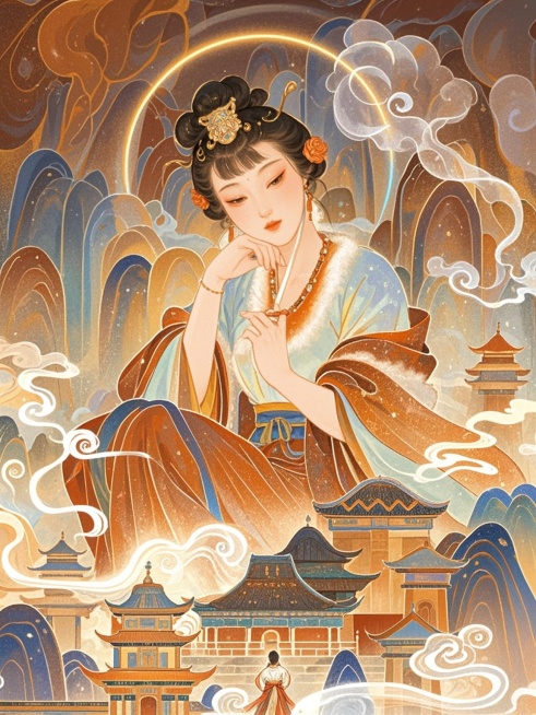 国风美人，插画，极简设计，怪诞童话，颗粒感，景深加重，聚焦，高饱和度，超现实插画，毛茸茸的纹理,艺术性，光影加重，大师作品预览效果