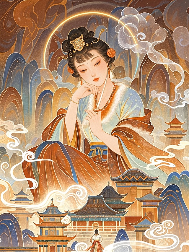 古典梦幻插画风，优雅国潮元素，超现实主义场景，鎏金细节点缀，营造仙境氛围。