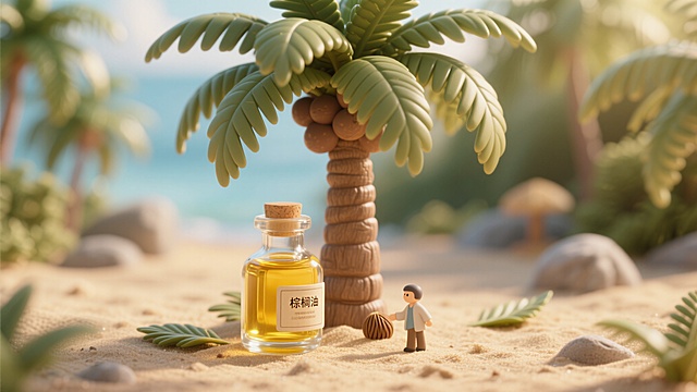 微缩场景，阳光下的棕榈树，树干粗壮，树叶茂密呈羽状，树下摆放着透明玻璃瓶，瓶中装着金黄色的棕榈油，瓶身贴有标签，标签上有“棕榈油”字样，地面是细腻的沙土，散落着几片棕榈叶，整体画面温馨治愈，细节丰富，光影柔和