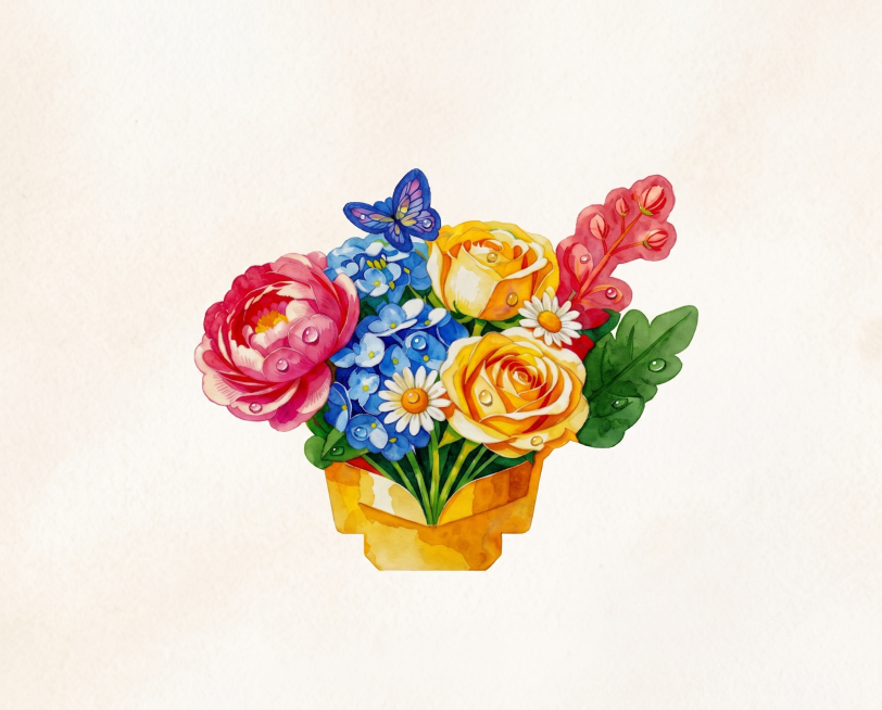 修改这束花的插画：叶子修改为纯净绿色去除杂色，降低整体画面曝光度让整体更自然，在花束上方添加少量水珠做点缀效果，保持水彩绘画风格不变预览效果