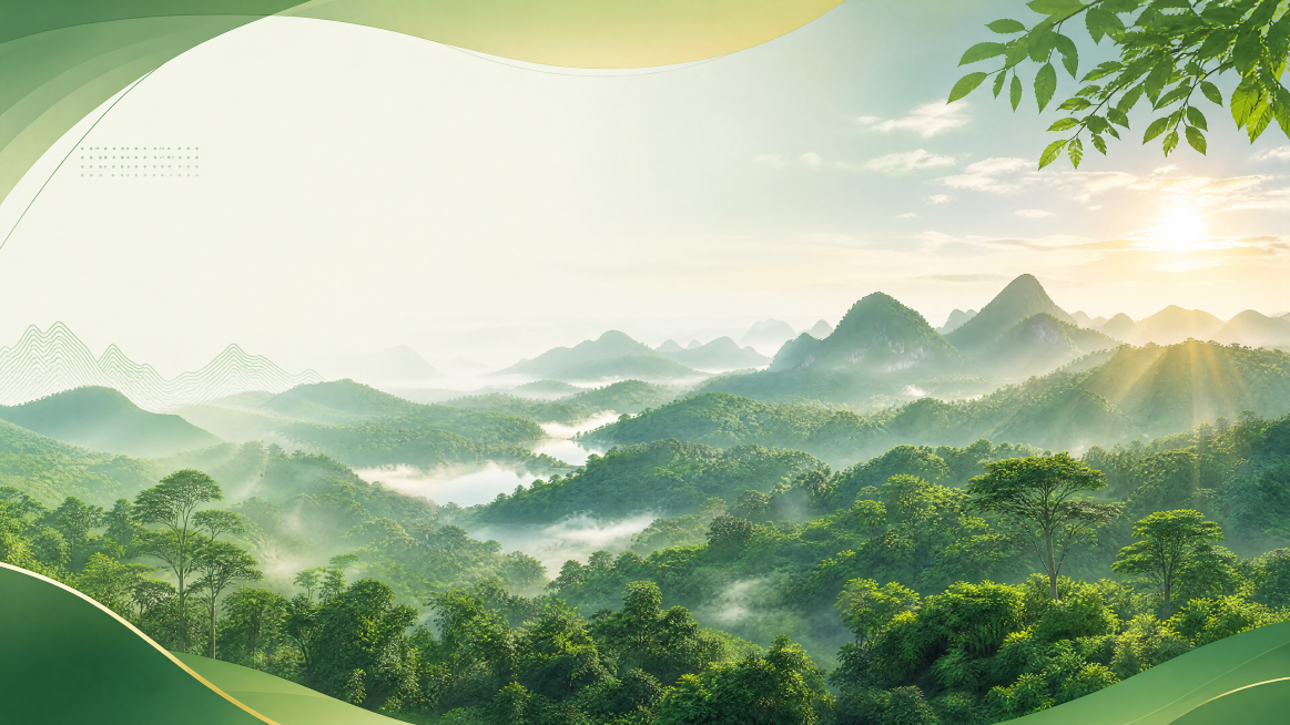 绿色主题广西林草种质资源保护PPT封面背景，广袤的原始森林景观，清晨阳光穿透林海，层次丰富的绿色调，符合体制内工作汇报风格，简约大气有设计感，不要太死板，画质清晰，分辨率高预览效果