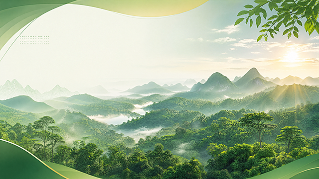绿色主题广西林草种质资源保护PPT封面背景，广袤的原始森林景观，清晨阳光穿透林海，层次丰富的绿色调，符合体制内工作汇报风格，简约大气有设计感，不要太死板，画质清晰，分辨率高