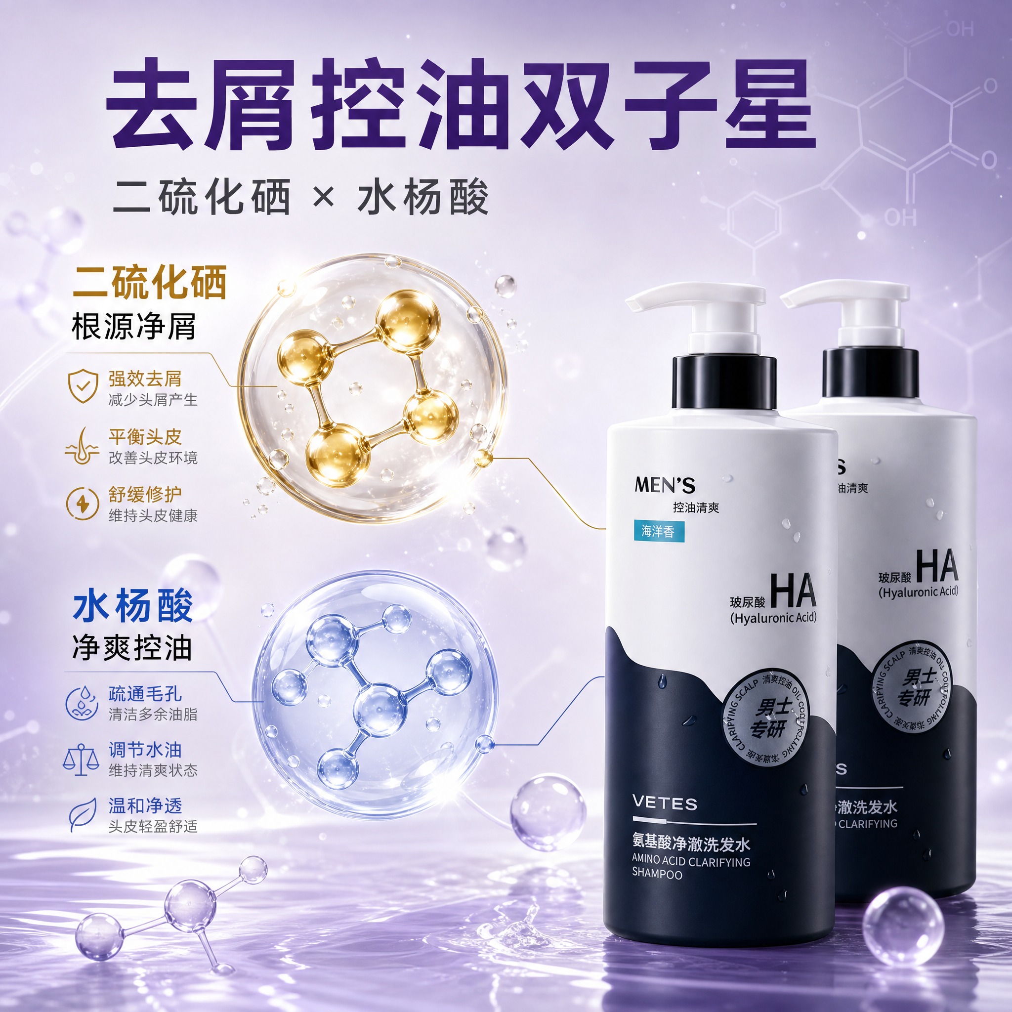 [主图-2] 核心成分解析，展示二硫化硒+水杨酸去屑控油双子星… - 图片创意预览