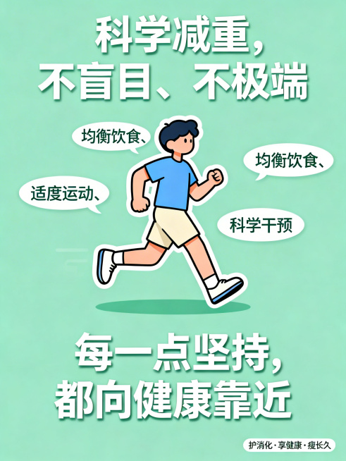清新科普扁平化插画风格，暖浅绿+浅蓝+米白主色调，卡通人物软萌无棱角，图标简洁直观，文字轻量化。竖版画面，浅绿背景。顶部文字"科学减重，不盲目、不极端"；中心是卡通人物轻松迈步形象，周围环绕"均衡饮食预览效果