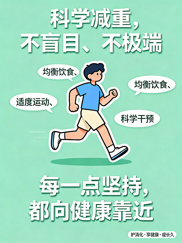 清新科普扁平化插画风格，暖浅绿+浅蓝+米白主色调，卡通人物软萌无棱角，图标简洁直观，文字轻量化。竖版画面，浅绿背景。顶部文字"科学减重，不盲目、不极端"；中心是卡通人物轻松迈步形象，周围环绕"均衡饮食、适度运动、科学干预"文字气泡；底部大字结语"每一点坚持，都向健康靠近"；角落小标"护消化・享健康・瘦长久"；白色文字，整体明亮正向，收尾简洁有力，科普风格清爽