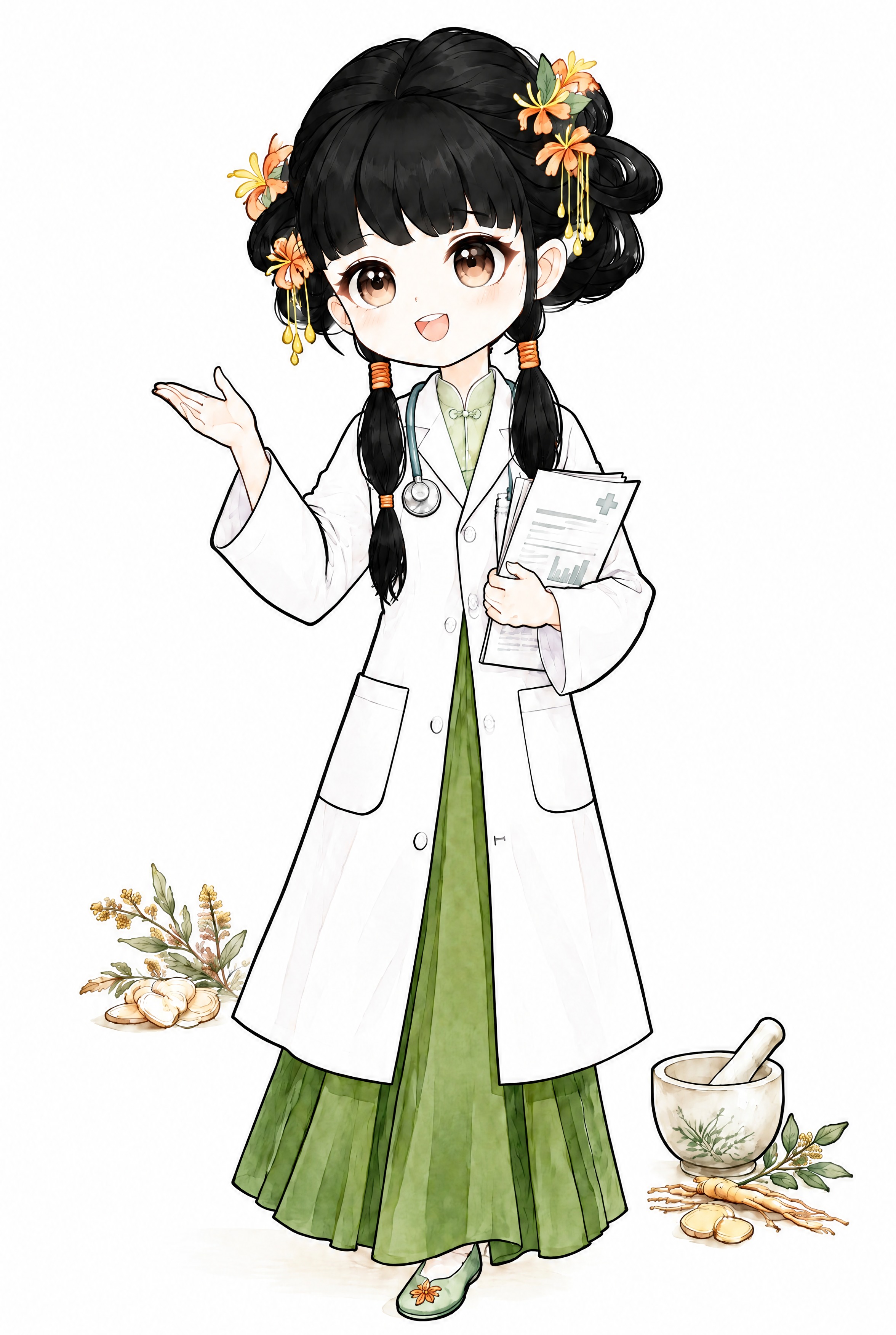 将小女孩的头发颜色加深为纯黑色，整体线条颜色加深加粗，裙摆的绿… - 图片创意预览