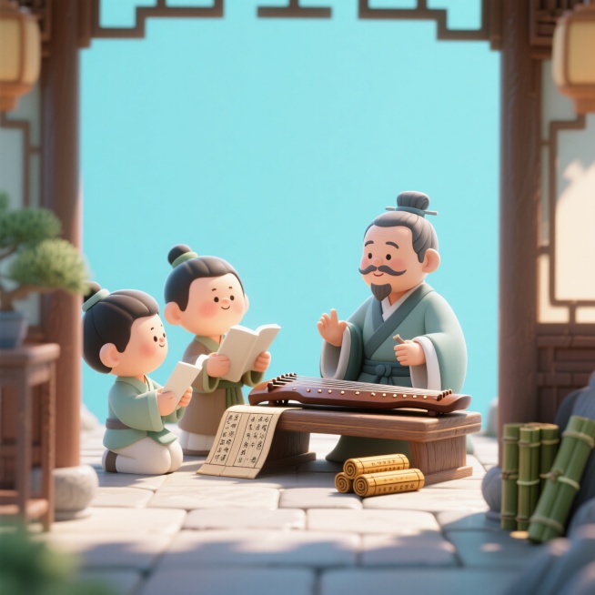 3D 卡通国学老师，穿着古装，在庭院里教学生读国学经典，身边有古琴和竹简，背景是古色古香的庭院，充满国学韵味预览效果