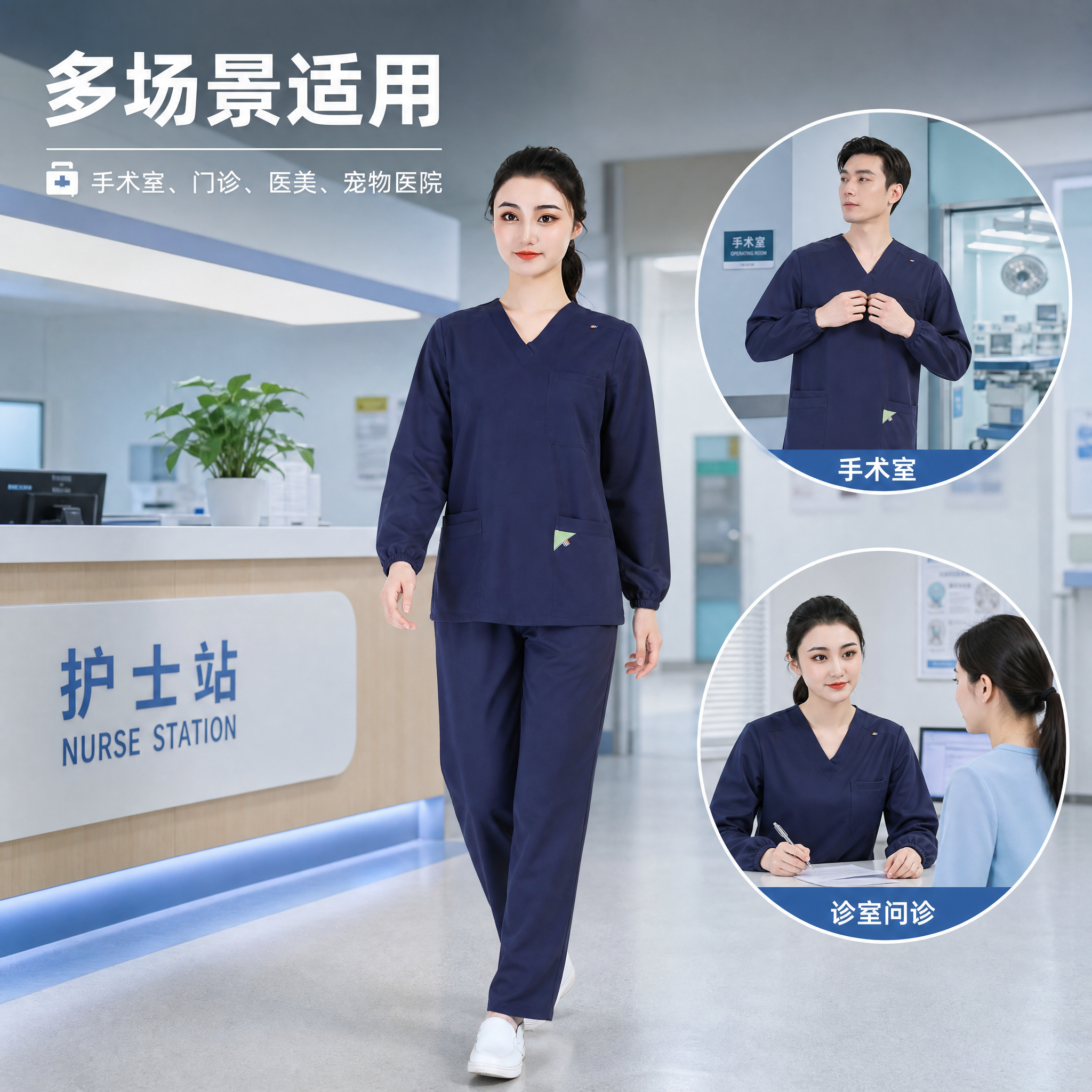[主图-3] 多场景适用展示图，展示洗手衣在不同医疗工作场景中… - 图片创意预览