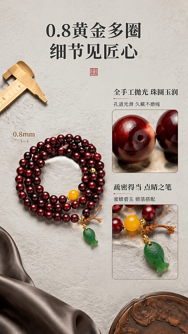 [第4屏] 工巧-工艺细节展示屏，0.8多圈比例与手工抛光工艺亮点。本屏使用【图4】作为商品主体，展示手串整体比例与细节工艺。
[氛围/风格] 匠心工艺质感，专业严谨，新中式工匠精神氛围。
[元素布局] 画面左侧为手串全貌侧视角度，占比约50%，展示多圈缠绕的比例形态；右侧分为上下两个工艺细节放大区：上方放大珠体抛光表面与孔道光滑细节，下方放大蜜蜡顶珠与碧玉小鱼的搭配错落感；背景为浅灰色水泥质感台面，搭配铜制卡尺与丝绸衬布作为工艺道具；手串结构与输入产品图一致。
[光影质感] 侧上方硬柔光结合，珠体高光清晰锐利体现抛光质感，孔道处有明显光泽，整体光影凸显工艺精细度。
[配色色系] 全局底色 #E8E4DE（浅灰米色）；主色深酒红+暖黄+翠绿；辅助色铜色、深灰色文字。
[视角构图] 左主图右细节的左右构图，阅读动线从左到右：整体 → 细节1 → 细节2。
[文字版式] 顶部主标题「0.8黄金多圈 细节见匠心」，粗宋体深灰色居中；右侧上方细节区配文「全手工抛光 珠圆玉润」+小字「孔道光滑 久戴不磨绳」；右侧下方细节区配文「疏密得当 点睛之笔」+小字「蜜蜡碧玉 错落搭配」；左侧手串旁标注尺寸示意「0.8mm」；字体为宋体+黑体组合，层级清晰。
[比例分辨率] 9:16 竖版比例，4K分辨率，文字清晰可辨，高清画质。
[负向提示词] 手串变形，比例失调，颜色偏差，水印，文字错乱，工艺细节模糊。