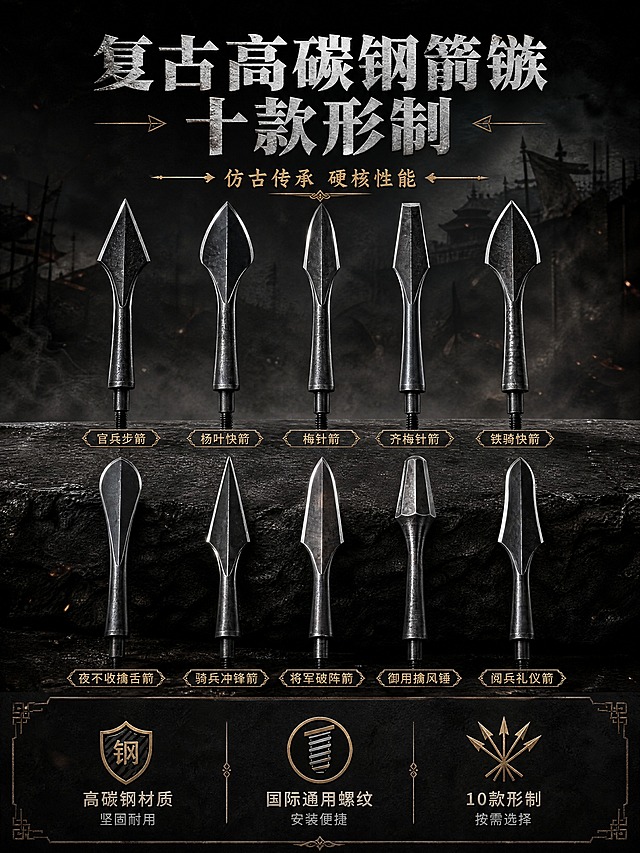 [商品] 使用【图1】10款复古高碳钢箭头全家福；保留每款箭头的独特形制轮廓、高碳钢黑灰金属质感、底部螺纹接口结构、箭头比例与刃部形态，不改变任何一款的形状和排列；商品处理：增强金属表面纹理质感和刃口锋利度，提升高碳钢材质的硬朗质感，螺纹接口清晰可见。
[画面] 目标：头图海报，突出10款复古箭镞的硬核国风和高碳钢品质。构图：上下结构，上方产品主体占画面60%，10款箭头分两排整齐陈列于深色质感台面上；下方信息区占40%。景别：全景。阅读动线：从上至下，先看产品阵列再看核心卖点。前中后景：前景深色石质台面，中景10款箭头阵列，后景暗调渐变背景加微弱古战场氛围烟雾。
[视觉] 套系策略：风格=国风硬核复古商业摄影；标题字=苍劲黑体粗字；正文字=简洁无衬线黑体；主色=深炭黑灰；背景延展=基于深炭黑灰做深浅层级、同色渐变和粗糙石质/金属质感；强调色=暗金古铜色，仅用于小面积图标、引线、标签和标题点缀；标题色=银白+暗金点缀；正文色=浅银灰；组件=暗金细线引线、做旧金属质感信息卡、古风分割线；光影=侧上方硬光勾勒金属轮廓和刃口高光，形成强烈明暗对比，突出金属质感。
[文字] 主标题「复古高碳钢箭镞 十款形制」，副标题「仿古传承 硬核性能」，下方3个核心卖点图标+文字：①高碳钢材质 坚固耐用 ②国际通用螺纹 安装便捷 ③10款形制 按需选择。文字区位于画面底部，不遮挡箭头主体。
[规格] 图片比例3:4竖版，分辨率4K，负向提示：避免变形、错字、文字过小、箭头形制失真、颜色偏差、卡通风格、白底单调、刃口模糊、螺纹接口不清。