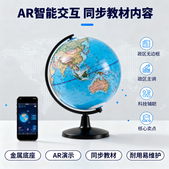 主图主题：AR智能演示 同步教材地球仪
氛围风格：简约科技风，干净浅灰色背景，清晰展示功能
画面元素：地球仪居中放置，左侧搭配手机展示AR交互演示画面，右侧用图标搭配文字列出核心卖点，整体布局简洁明了预览效果
