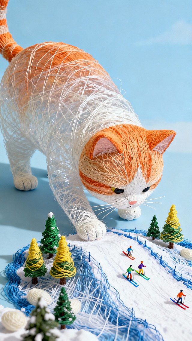 一只巨大猫咪低头刨着一个微缩滑雪场，滑雪场上有松树，地面上有小人在雪地上滑雪，蓝天背景，俯视构图，动感，画面具有故事感，孟菲斯配色