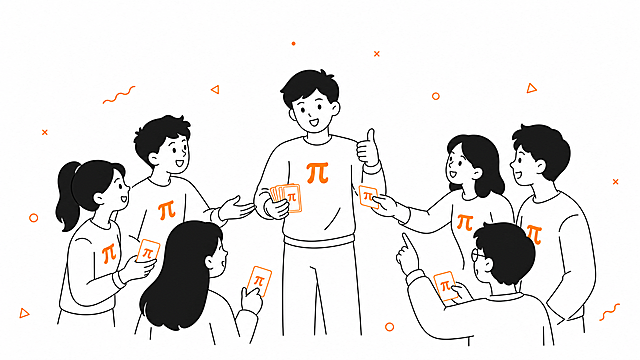 生成横版图片，参照参考图极简线条插画风格：黑白橙配色，白色背景，简约扁平化设计。内容为群像，一个人被多人半包围，每个人衣服上都带有鲜橙色πlogo，被包围的中心人物一手给周围人群分发卡片，一手竖起大拇指，整体风格保持统一