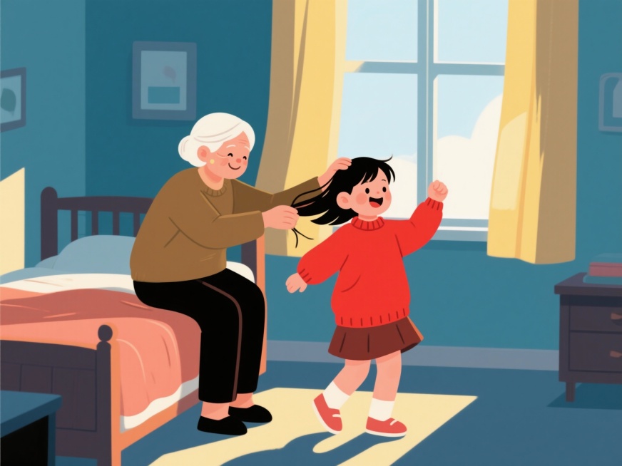 我迫不及待穿上姥姥织的红色毛衣，她会在我床边坐下，细心地为我梳理头发，手法温柔而熟练。预览效果