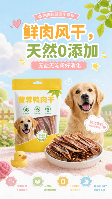 宠物零食鸭肉干产品营销清新实景风竖版海报预览效果