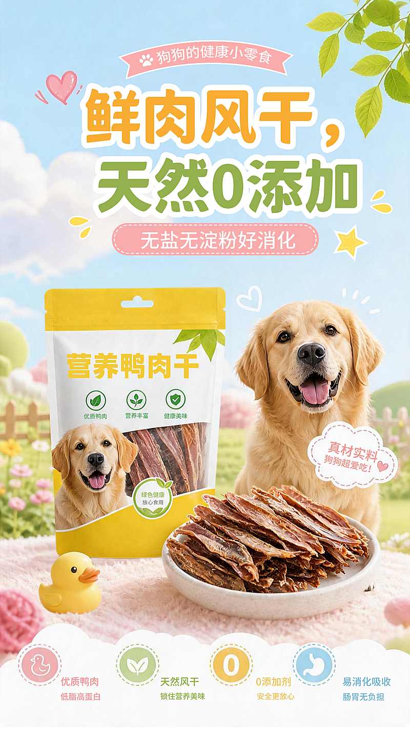 宠物零食鸭肉干产品营销清新实景风竖版海报