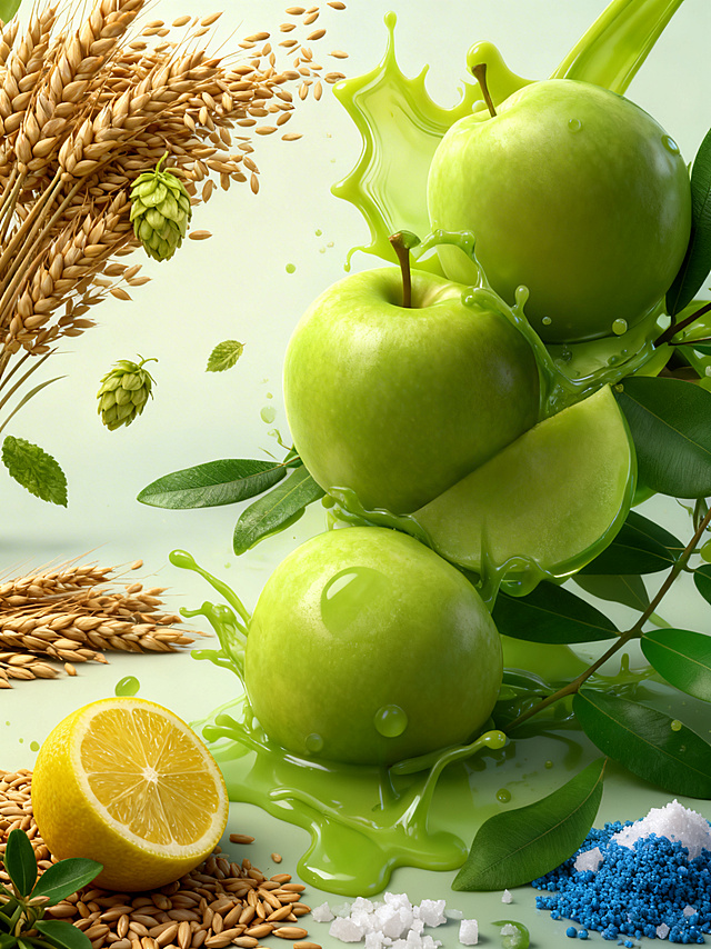 「图片1」水、麦芽、啤酒花、苹果汁、金桔、柠檬、海盐、藻蓝蛋白，生成一张近似参考图的风格插画。