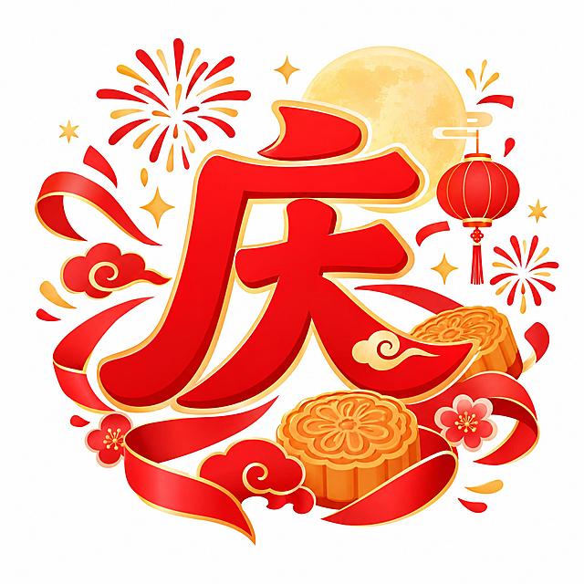 中秋节商城小图标，中心是一个大大的红色'庆'字，字体喜庆有设计感，周围环绕着烟花、彩带、月饼等中秋节日元素装饰，整体红色喜庆风格，正红色为主色调，搭配少量金色和浅红色渐变，扁平化设计，简洁现代，适合电商商城促销使用，白色背景，图标清晰精致，矢量风格，热闹喜庆