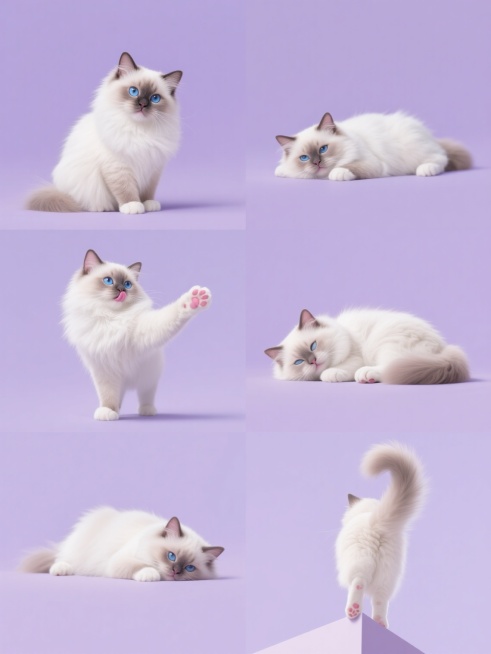 超写实风格的布偶猫系列素材集合，纯色背景，整体变换为柔和的淡紫色调，保持原猫的白色长毛、蓝色大眼睛、粉色鼻头和肉垫等核心特征，包含6个完全不同造型和角度的布偶猫：1. 正面坐姿歪头看镜头，2. 左侧卧姿舔爪，3. 站立伸懒腰，4. 蜷缩成一团睡觉，5. 从高处俯视视角，6. 背面尾巴翘起。所有猫咪图像大小一致，以2x3网格形式规整排布，每个猫咪之间留有均匀留白，整体画面干净整洁，突出猫咪的可爱……预览效果