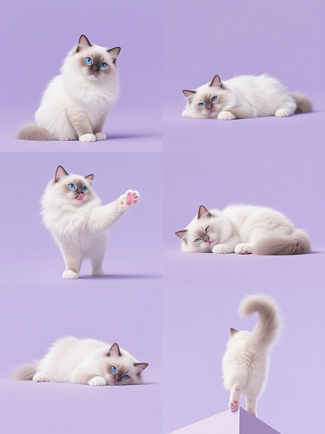 超写实风格的布偶猫系列素材集合，纯色背景，整体变换为柔和的淡紫色调，保持原猫的白色长毛、蓝色大眼睛、粉色鼻头和肉垫等核心特征，包含6个完全不同造型和角度的布偶猫：1. 正面坐姿歪头看镜头，2. 左侧卧姿舔爪，3. 站立伸懒腰，4. 蜷缩成一团睡觉，5. 从高处俯视视角，6. 背面尾巴翘起。所有猫咪图像大小一致，以2x3网格形式规整排布，每个猫咪之间留有均匀留白，整体画面干净整洁，突出猫咪的可爱与毛发质感。