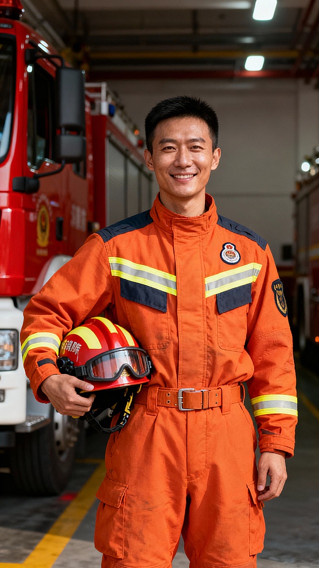 生成了一张30多岁中国男性消防员的正面肖像，他身穿带有反光条的崭新橙色全套消防防护服，左手腋下夹着头盔，表情坚定且面带微笑，面部和衣服干净无烟灰痕迹，站在消防站车库内，身后隐约可见红色消防车，采用明亮灯光效果，比例为9:16，画质4K。