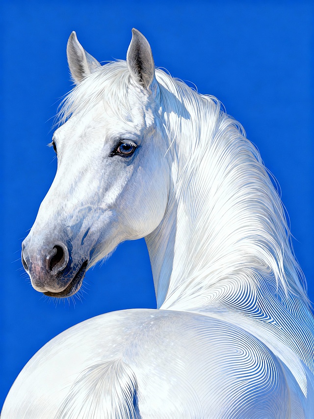 插画风格，克莱因蓝背景，白马皮毛洁白如玉犹如银丝，细腻有韵律的白线条，线条渐变排列紧密且富有层次，线条清晰锐利，细节精美绝伦，采用光线追踪技术，通体透着光泽通体流转着柔和光泽的，皮毛刻画精细，突出优雅自然美感 ，空灵的气氛，眼睛里透着灵气，回头侧脸，温柔柔和，高分辨率，特写，超高清。景深构图，层次分明32k高清，亦真亦幻，意境宁静，细节丰富，光线真实，营造出宁静治愈的氛围。