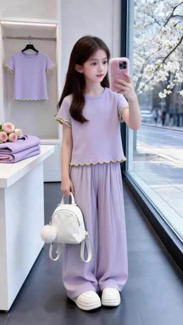 用图1短袖和裤子替换掉图2的模特身上穿的衣服裤子和旁边桌子上折叠的衣服以及后方衣架上挂着的衣服，保留原场景光影，保持图2的人物的五官和发饰不变，姿势不变，背景不变，图片宽高尺寸不变，保持图1的短袖和预览效果