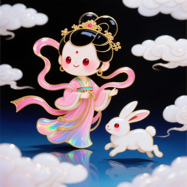 可爱的Q版嫦娥和玉兔走在天空，周围祥云环绕，黑蓝色背景预览效果