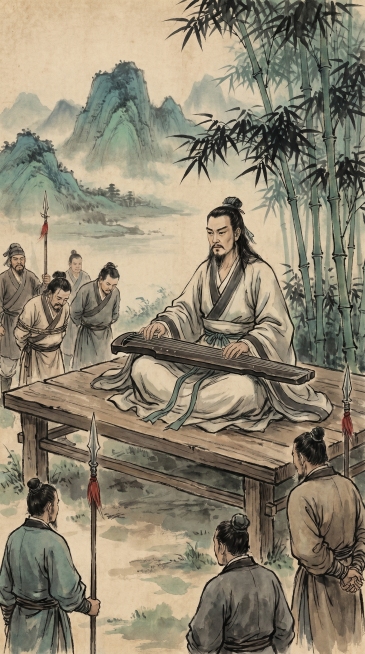 嵇康临终弹古琴，古风，中国风，参考样图的水墨质感和氛围感，竹林刑场背景，嵇康宽袖长袍端坐抚琴，氛围悲壮悠远，青绿山水背景预览效果