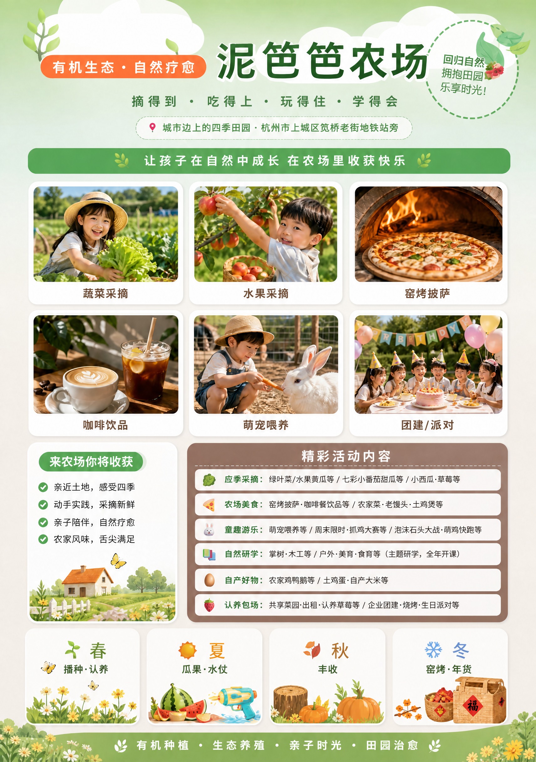 基于这张泥笆笆农场宣传单做局部修改：保留生日派对那张图片和整体… - 图片创意预览