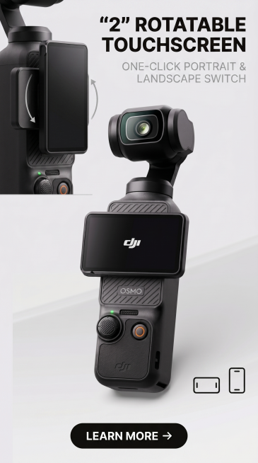 严格还原DJI Osmo Pocket 3产品图，保留哑光黑机身颜色、DJI/OSMO品牌LOGO位置、文字内容、可旋转触控屏、橙色录制按键等所有细节，产品尺寸约139.7 × 42.2 × 33.5预览效果