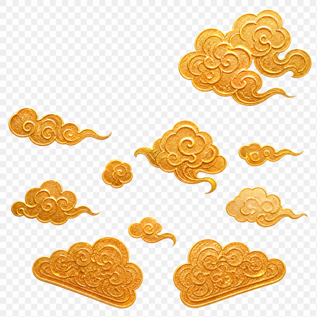 独立提取生成图中所有金色祥云素材，保留金色云纹质感，背景透明预览效果