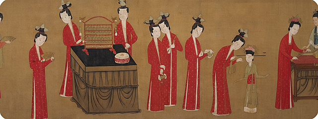 基于这张中国古画《唐人宫乐图》的人物和风格，扩展生成一张横幅的banner图片，保持原来的工笔重彩人物画风格，古色古香的绢本质感，红色汉服搭配古典家具，整体和谐统一，适合作为banner使用
