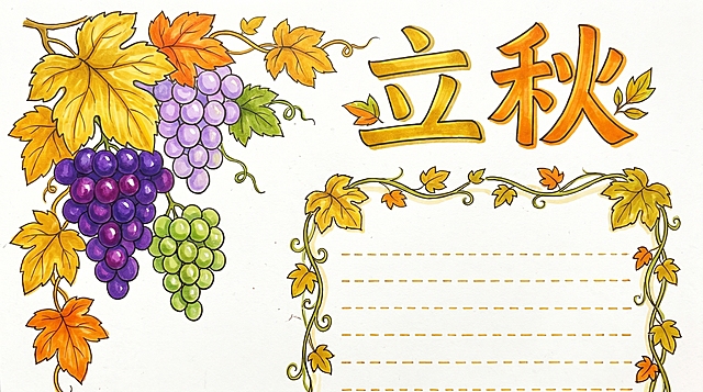 立秋手抄报，A4横版，马克笔手绘风格，整体色调清新。画面绘制飘落的梧桐叶和成熟的葡萄，左上角插图右下角文字区，顶部标题“立秋”，马克笔笔触自然，配色以金黄浅紫为主，秋意清新氛围，排版舒朗，预留文字抄写空间，符合小学生手抄报风格。16:9比例，2k分辨率，超高清。负向提示词：变形，水印，文字错乱，颜色暗沉，排版杂乱