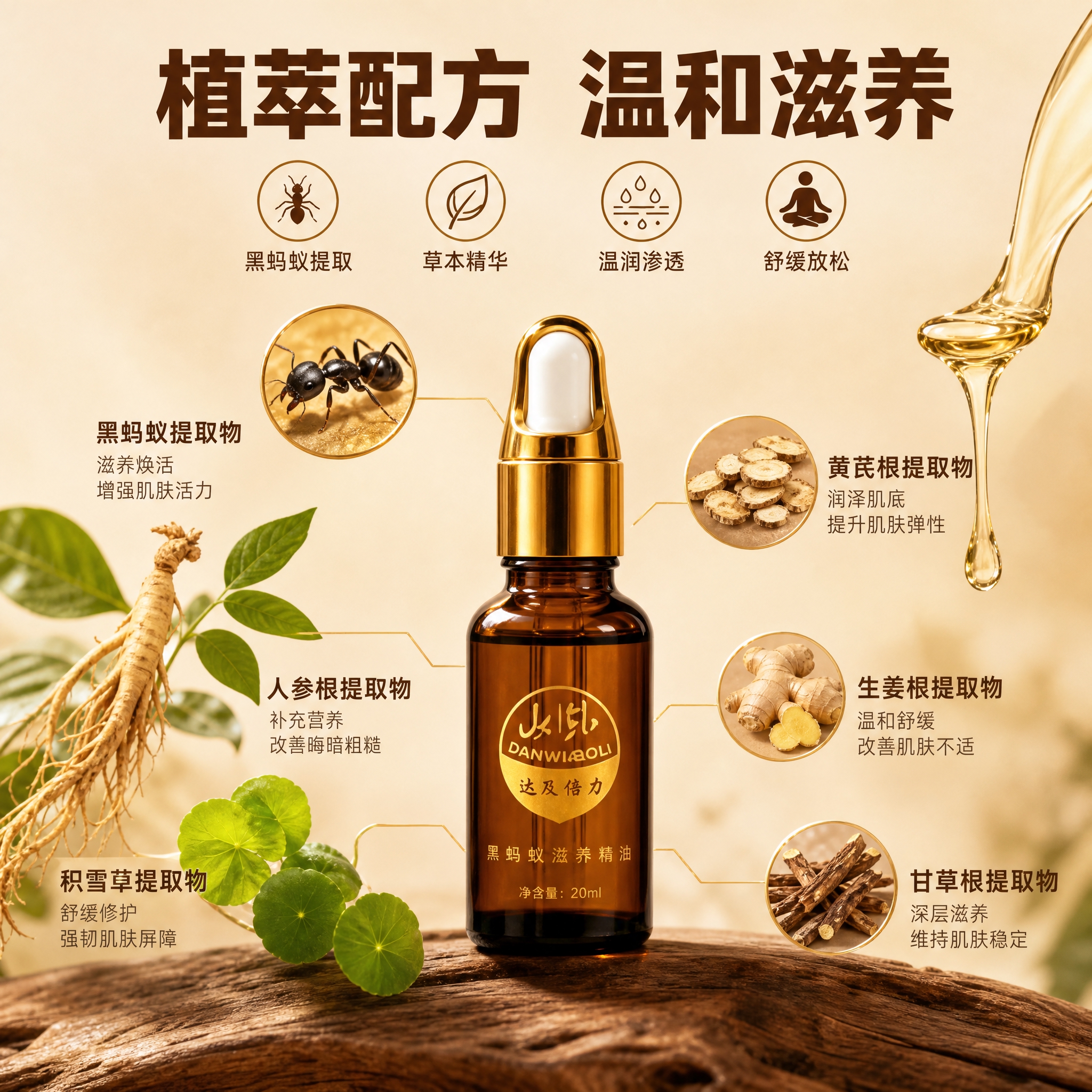 [主图-2] 核心成分解析 黑蚂蚁滋养精油 植萃成分环绕。 [… - 图片创意预览