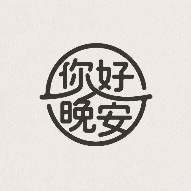 参考原图的字体设计风格，圆形结构包裹文字设计，第一行文字是"你好"，第二行文字是"晚安"，简约粗线条字体设计，极简风格，深色文字logo设计，圆形构图，米色纸张背景预览效果