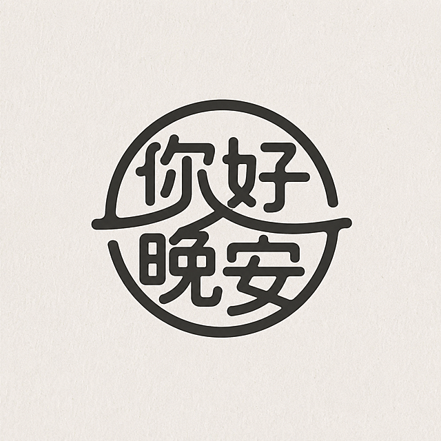 参考原图的字体设计风格，圆形结构包裹文字设计，第一行文字是"你好"，第二行文字是"晚安"，简约粗线条字体设计，极简风格，深色文字logo设计，圆形构图，米色纸张背景
