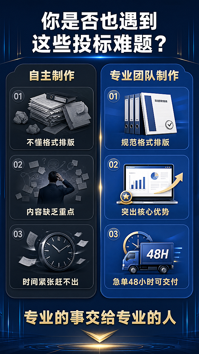[第2屏] 标书制作痛点场景直击详情页，对比展示用户痛点与服务价值。本屏延续整体蓝金专业商务风格。
[氛围/风格] 直观对比风，专业冷静分析，清晰突出用户困境与我们的解决方案，商业设计感强。
[元素布局] 画面一分为二左右对比布局，左侧展示 "投标前的烦恼"，右侧展示 "找我们之后的变化"，每个区域都配有场景化图标和文字说明，顶部通栏放置主标题。保持左右对称，留白适中，不拥挤。
[光影质感] 左侧痛点区域偏暗调光影，突出焦虑感；右侧解决方案区域偏亮调光影，突出解决后的轻松感；整体明暗对比清晰，文字对比强烈。
[配色色系] 全局底色：#0F3480（深邃藏青蓝）；左侧背景：#2A3F5F 深灰蓝；右侧背景：#1A479F 亮蓝色；主文字：白色，辅助文字：浅金色。
[视角构图] 9:16竖版左右分栏对比构图，从上到下标题-对比内容-总结卖点，阅读动线清晰，主体内容占据80%画面。
[文字版式] 顶部主标题 "你是否也遇到这些投标难题？" 白色粗体大字；左侧小标题 "自主制作" 配三个痛点：1. 不懂格式排版 2. 内容缺乏重点 3. 时间紧张赶不出；右侧小标题 "专业团队制作" 配三个优势：1. 规范格式排版 2. 突出核心优势 3. 急单48小时可交付；底部总结卖点 "专业的事交给专业的人" 金色字体突出；所有文字清晰适配移动端，字号适中。
[比例分辨率] 9:16竖版比例，4K分辨率，文字清晰可辨，符合淘宝详情页规范。
[负向提示词] 文字错乱，文字变形，颜色偏差，水印，联系方式，站外导流，绝对化极限词，构图不对称，背景杂乱。